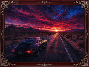 A sleek black coupe races toward a blazing desert horizon beneath crimson, violet, and cobalt clouds. The endless highway, glowing taillights, and sweeping perspective evoke freedom surrendered to speed. Rosewood, routed silver inlay, and ornate corners transform the lonely road into a dramatic, timeless gallery journey.