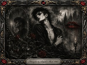 A pale, androgynous figure emerges from smoky charcoal darkness beside an ornate mirror, surrounded by thorny red roses, glass vessels, and a lone candle. Deep blacks, silvery grays, crimson lips, and subtle gold accents create a sensual gothic mood, while the elaborate metallic frame reinforces the haunting, romantic atmosphere.