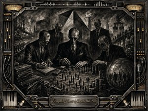 Shadowy businessmen gather around a counting table, stacking coins and recording figures while tiny workers move through a vast industrial landscape behind them. Deep charcoal textures, smoky blacks, silvery highlights, and stark lighting create an oppressive mood. A detailed chrome-and-gold music-console frame reinforces themes of control, profit, machinery, and calculation.
