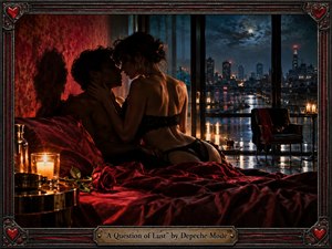 A sensual, cinematic scene shows a couple embracing in a candlelit bedroom overlooking a rain-soaked city at night. Deep crimson satin, glowing candles, and a solitary red rose contrast with cool blue moonlight and reflections beyond the windows. Ornate dark-metal framing, heart motifs, rich shadows, and polished textures create a dramatic, melancholic, gothic-romantic atmosphere.