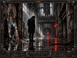 A solitary man stands in a ruined industrial corridor, surrounded by rusted metal, broken mirrors, hanging chains, and rain-slick reflections. Cold gray light cuts through smoky air while vivid red warning lights draw the eye toward a distant circular tunnel. The gritty, cinematic realism and heavy metal frame create a tense, brooding, psychologically fractured atmosphere.