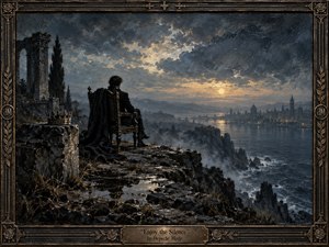 A solitary figure sits on an ornate chair atop a storm-darkened cliff, facing a distant glowing city across misty water. Cool blue-gray skies, wet stone, and turbulent seas contrast with soft amber light. Rendered like textured oil and encaustic, the scene feels melancholic, regal, introspective, and hauntingly quiet.