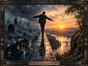A lone figure balances along a rain-soaked metal beam suspended between two contrasting worlds: a dark, stormy industrial city and a golden natural landscape. Dramatic twilight lighting shifts from cold blue-gray to warm amber, creating powerful visual tension. The handcrafted industrial frame features speaker details, sliders, waveforms, weathered metal, and an engraved title plate.