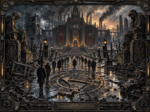A rain-soaked procession crosses a ruined industrial plaza toward a towering gothic fortress beneath smoke-darkened skies. A shattered clock dominates the foreground, reinforcing the mood of regression and decay. Charcoal grays, tarnished bronze, and amber light create a bleak, cinematic atmosphere, framed by intricate mechanical metalwork and weathered textures.
