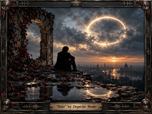 A solitary figure sits on rain-darkened ruins above a sprawling riverside city at sunset, beneath a luminous golden halo breaking through turbulent charcoal clouds. Wet stone reflects the celestial ring, while crimson leaves and creeping vines add muted color. Gothic architecture, dramatic depth, metallic ornamentation, and cinematic lighting create a brooding, romantic, handcrafted atmosphere.