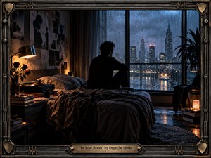 A solitary man sits on a rumpled bed before a rain-streaked window overlooking a glowing city at night. Warm amber lamps and candles contrast with deep blue shadows, creating a tense, introspective atmosphere. Photographs, roses, records, plants, and scattered books enrich the room, while a distressed metallic frame and engraved title plate evoke handcrafted gothic album art.
