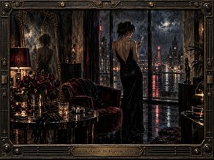 A solitary woman in a black evening gown stands before rain-streaked windows overlooking a nocturnal city, surrounded by wilted red roses, velvet furniture, whiskey, gloves, and fractured reflections. Deep burgundy, bronze, charcoal, and crimson tones glow under moody lamplight, creating a sensual, brooding, cinematic atmosphere within an ornate industrial frame.