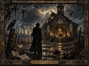 A lone shadowed figure faces a ruined chapel across rain-soaked ground beneath a violent, lightning-split sky. Warm candlelight and a glowing cross contrast with smoky blacks, umbers, and cold grays. Ravens, scattered hymn pages, industrial silhouettes, and distressed wood-and-metal framing intensify the apocalyptic, handcrafted oil-and-encaustic atmosphere.