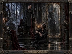 A commanding dark-clad figure stands on a small dais beside a worn leather chair, while a second man sits low on the gleaming floor, gazing upward in tense, uneasy devotion. Set in a smoky industrial chamber of mirrors, chains, candles, and crimson drapery, the image glows with cold blue-gray light and rich gothic detail.
