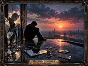 A solitary figure sits beside shattered mirrors on a rain-soaked rooftop, overlooking a sprawling city beneath a dramatic sunset. Reflections fragment the scene, suggesting lost identity and emotional surrender. Deep blue-gray shadows contrast with glowing orange, pink, and gold light. The cinematic digital artwork features industrial metal framing, weathered textures, and speaker-inspired ornamental details.
