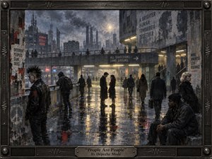 A rain-slick industrial city plaza gathers solitary figures beneath harsh concrete architecture, balancing alienation with fragile human connection. Cool blue-gray and charcoal tones contrast with amber lights and subtle red accents, reflected across wet pavement. Gritty oil-and-mixed-media textures, weathered posters, steel framing, and distant factories create a tense, compassionate 1980s atmosphere.
