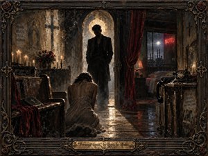 A shadowed figure stands beneath a glowing chapel arch while a kneeling woman occupies the foreground of a rain-soaked, decaying room. Deep blacks, tarnished bronze, crimson curtains, candlelight, and neon reflections create a tense, devotional mood. Gothic realism, distressed textures, religious objects, and an ornate metal frame heighten the atmosphere.
