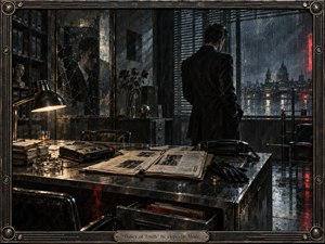A solitary man stands in a rain-darkened office overlooking a nocturnal city, surrounded by cracked reflections, confidential files, a tape recorder, telephone, gloves, and wilted roses. Cold blue-gray shadows mix with warm desk light and crimson accents, creating tense noir mystery within a richly textured, industrial metal frame.