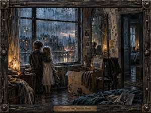 Two children stand arm in arm before a rain streaked window, gazing over a dim blue city while warm lamplight glows through a worn room filled with boxes, blankets, and a cracked mirror. Rendered in richly textured mixed media, the scene feels tender, fragile, and melancholic, enclosed by an ornate dark frame with a brass title plate.