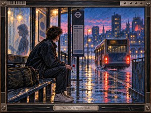 A solitary young man waits at a rain-soaked bus stop at twilight, holding a small flower as a departing bus recedes into the city. Cool blues and mauves contrast with warm amber lights and red reflections. Painterly gouache and watercolor textures, misty glass, wet pavement, and a retro synth-inspired frame create wistful, romantic longing.