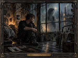 A solitary young man sits on a dark, rain-slick floor beside a fogged industrial window, gazing toward a ghostly reflection beyond the glass. Moonlit blues and warm amber lamplight shape a brooding, intimate mood, while wilted plants, scattered photographs, and a weathered metal frame deepen the artworks textured, melancholic atmosphere.