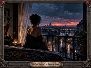 A contemplative woman sits beside an open balcony overlooking a rain-soaked city at dusk. Deep blue clouds frame a vivid coral sunset, while glowing streetlights reflect across wet streets and water. Dark bedding, a single red rose, candlelight, vintage turntable, and ornate industrial framing create a cinematic, romantic, melancholic cyber-gothic atmosphere.