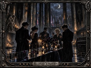 Five solemn figures gather around a candlelit black table inside a rain-soaked gothic industrial hall, surrounded by dark roses, reflective stone, towering windows, and a crescent moon. Deep charcoal, indigo, silver, and amber tones create a mournful ceremonial atmosphere, rendered in richly textured oil-and-charcoal style within an ornate metal frame.