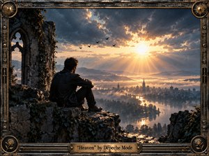 A solitary figure sits among ivy-covered gothic ruins above a misty river city, facing a radiant sunset breaking through dramatic storm clouds. Golden sunlight illuminates the water and distant spires, contrasting with deep charcoal shadows. The cinematic scene blends romantic surrealism, weathered stone, metallic ornamentation, and richly detailed atmospheric textures.