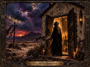 A solitary dark-clad figure stands in a candlelit desert chapel doorway beneath a stormy violet sky, surrounded by cracked stone, ironwork, roses, and drifting dust. Warm amber light contrasts with cool twilight blues and purples, while richly textured oil-and-encaustic surfaces and an ornate bronze frame create a sensual, gothic, devotional mood.