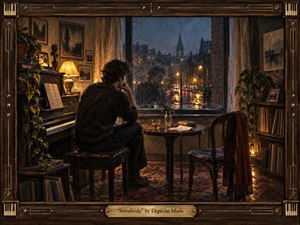 A solitary man sits beside an upright piano in a warmly lit room, gazing through a rain-streaked window toward a glowing nighttime city. Deep browns, amber light, cool blue-gray streets, an empty chair, flower, books, and reflections create tender melancholy. Painterly oil-and-charcoal textures and an ornate musical frame complete the intimate scene.