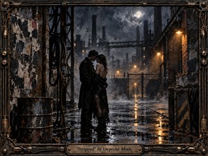 A solitary couple embraces beneath cold rain in a decaying industrial complex, surrounded by rusted steel, pipes, brickwork, and distant smokestacks. Deep charcoal and bronze tones dominate, pierced by warm amber lamps reflected in wet pavement. The cinematic, handcrafted scene feels intimate, raw, nocturnal, and hauntingly romantic.