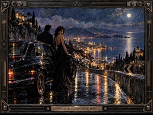 A glamorous couple stands beside a black vintage car on a rain-slicked mountain road overlooking a luminous coastal city. Moonlight, amber streetlights, and shimmering reflections create a sensual, nocturnal mood. Deep blues, black, bronze, and gold dominate the richly textured painted scene, framed by dark metallic details and an engraved title plate.
