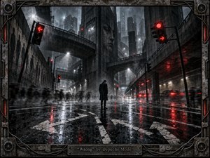 A lone figure stands motionless in a rain-soaked city intersection beneath towering brutalist overpasses and shadowy high-rises. Cold blue-gray concrete, black asphalt, and vivid red signals create a tense, fatalistic mood. Wet reflections, blurred crowds, fractured road arrows, mist, and distressed industrial textures give the scene a cinematic, handcrafted dystopian intensity.