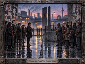 Two opposing groups face each other across a rain-soaked industrial plaza, their mirrored stances suggesting conflict and shared humanity. Cool steel blues and charcoal grays contrast with warm amber streetlights reflected in puddles. Smokestacks, concrete monuments, torn posters, and a riveted metal frame create a gritty, handcrafted 1980s atmosphere.