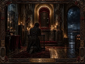 A lone figure kneels before a mysterious shrine in a candlelit industrial chapel, surrounded by worn wood, dark metal, red velvet, roses, and glowing wax. Deep crimson, charcoal, gold, and stormy blue create a brooding mood, while the illuminated halo, telephone-like altar, reflective glass, and ornate frame suggest devotion, isolation, and yearning.