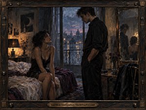 A tense couple occupies a dim, rain-soaked bedroom overlooking a glowing city at dusk. Warm amber lamplight contrasts with cool blue-gray windows, deep burgundy bedding, and black clothing. Reflections in a mirror heighten emotional distance. The painterly scene feels intimate, melancholic, and cinematic, enclosed by a dark industrial metal frame.