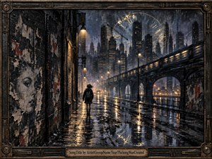 A solitary figure walks through a rain-soaked industrial city beneath a looming translucent clock face. Golden streetlights shimmer across black pavement while a speeding train cuts through the blue-gray skyline. Torn posters, weathered brick, metallic framing, and distressed textures create a tense, cinematic mixed-media atmosphere of urgency, isolation, and passing time.