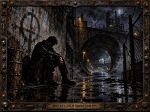 A solitary figure sits beneath a decaying industrial overpass, surrounded by rusted metal, wet pavement, chain-link fencing, and looming refinery towers. Cold blue-black shadows contrast with amber lamps and reflected light. The gritty, painterly realism, corroded frame, circular tunnel, and stormy night create a tense, haunted atmosphere of isolation and inner conflict.