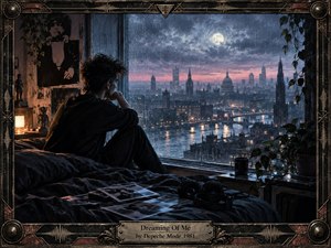 A solitary young man sits beside a rain-streaked window overlooking a moonlit city and river, creating a reflective, dreamlike mood. Cool blue-gray tones and dusky pink skies contrast with warm lamplight inside. Photographs, headphones, plants, and retro details enrich the textured, cinematic scene within an ornate industrial frame.