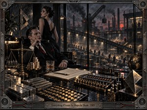 A calculating executive and elegant companion occupy a shadowed corporate office overlooking a vast industrial complex. Smokestacks, cranes, workers, ledgers, coins, scales, and metal counters create a tense atmosphere of profit and control. Charcoal, steel, bronze, and crimson tones glow under dramatic noir lighting, framed by intricate industrial metalwork.