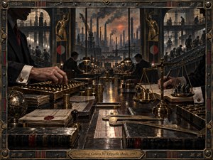 A dark, richly detailed industrial tableau shows suited accountants counting coins and writing ledgers at a long polished table, while laborers toil beneath smokestacks beyond towering windows. Bronze, black, and ember-red tones glow under warm lamps and smoky sunset light, framed by ornate metalwork and a brass title plate.
