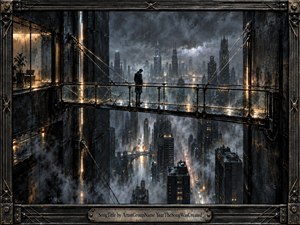 A solitary figure stands on a narrow suspended bridge above a rain-soaked futuristic city, surrounded by towering black architecture and drifting mist. Cold charcoal and steel tones contrast with warm amber lights reflected on wet surfaces. The dramatic industrial frame, taut cables, and stormy atmosphere create a tense, fragile, cinematic mood.