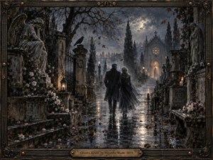 A solitary couple walks through a rain-darkened cemetery toward a glowing Gothic chapel beneath a clouded moon. Bronze-black tones, weathered stone, pale flowers, and reflective pavement create a mournful, romantic atmosphere. Painterly textures, sculpted angels, wrought iron, candlelight, and drifting leaves deepen the sense of memory, mortality, and reunion.