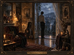 A solitary figure stands at open balcony doors, gazing across a misty moonlit city while a warm, timeworn room glows behind him. Deep blues, amber light, rain-slick floors, velvet furnishings, flowers, books, and musical objects create a reflective, intimate mood. Painterly textures and ornate framing evoke melancholy, memory, and belonging.