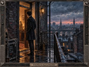 A solitary figure stands on a rain-soaked rooftop threshold, caught between warm amber interior light and a brooding blue-gray city at dusk. Wet brick, reflective pavement, distant spires, and glowing windows create a tense, introspective mood. The detailed painterly realism is framed by dark industrial metal with subtle electronic motifs.