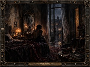 A solitary figure sits on a rumpled bed in a shadowed, rain-soaked room, surrounded by candles, roses, mirrors, and worn furnishings. Warm amber light contrasts with cold blue-gray night beyond the balcony. The intimate composition feels sensual, haunted, and introspective, framed by ornate dark metalwork with aged bronze details.