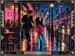A stylish young couple races hand in hand along a rain-soaked city street, surrounded by glowing cafes, vintage lampposts, and luminous skyscrapers. Electric pink, cyan, gold, and midnight blue reflections animate the pavement, creating an exuberant romantic mood. The richly textured, painterly scene is enclosed by an industrial synth-inspired metal frame.