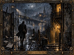 A solitary man walks through a rain-soaked gothic city, framed by ornate bronze metalwork. Cold blue-gray streets, distant towers, railways, and mist contrast with warm amber windows and lanterns. Dramatic reflections, scattered papers, wrought iron, and textured stone create a melancholic, cinematic atmosphere of longing, distance, and emotional isolation.