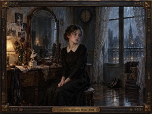 A solitary young woman in a black dress sits beside an antique vanity in a rain-darkened room, gazing toward a cold blue window. Warm lamplight contrasts with silvery storm light, reflecting across polished floors. Roses, photographs, a mirror, clock, shoes, and teddy bear deepen the melancholy, painterly Victorian atmosphere.