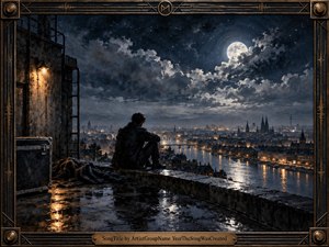 A solitary figure sits on a rain-darkened rooftop overlooking a glowing riverside city beneath a dramatic moonlit sky. Deep blues, charcoal blacks, and warm amber reflections create a melancholic, introspective mood. Painterly textures, wet stone, industrial framing, distant architecture, and luminous clouds give the scene cinematic depth and quiet emotional tension.