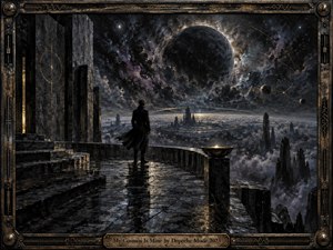 A solitary figure stands on a rain-darkened stone terrace overlooking a vast alien cosmos of towering ruins, drifting clouds, and immense shadowed planets. Deep blacks, slate blues, violet haze, and muted gold create a brooding, introspective mood. Dramatic celestial light, metallic framing, and textured painterly surfaces give the scene a monumental, handcrafted grandeur.