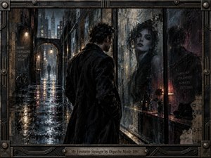 A solitary man stands beside a rain-streaked window, facing the ghostly reflection of an enigmatic woman in a nocturnal city passage. Wet pavement mirrors amber lamps and cold blue light, creating a tense, intimate mood. Rich painterly textures, deep blacks, muted bronze, crimson accents, and ornate metal framing heighten the mysterious atmosphere.
