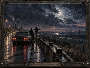 A rain-soaked highway overlooks an industrial city beneath a turbulent moonlit sky, where two figures stand beside a dark car in tense companionship. Deep blues, charcoal blacks, amber lights, and red reflections create a brooding 1980s atmosphere. Thick painterly textures, wet surfaces, distant towers, and a metallic frame intensify the dramatic mood.