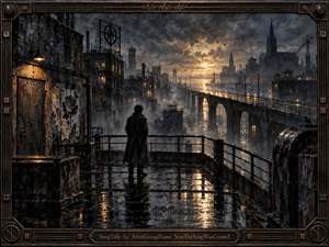A solitary figure stands on a rain-soaked industrial rooftop overlooking a sprawling, shadowed city and elevated bridge. Stormy charcoal clouds part around a distant golden sunset, casting warm reflections across wet metal surfaces. The mood is brooding yet hopeful, rendered in richly textured painterly detail within a dark mechanical frame.