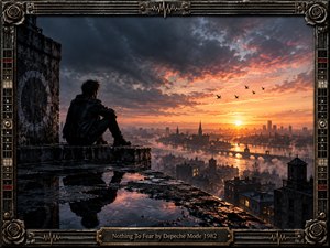 A solitary figure sits on a rain-darkened rooftop overlooking a misty industrial city at sunset. Warm orange light breaks through heavy blue-gray clouds, reflecting in puddles and the winding river below. Birds cross the glowing sky, while an ornate distressed metal frame, roses, waveform details, and engraved plaque reinforce the brooding, handcrafted atmosphere.